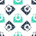 Green Secure mail icon isolated seamless pattern on white background. Mailing envelope locked with padlock. Vector