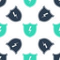 Green Secure shield with lightning icon isolated seamless pattern on white background. Security, safety, protection