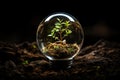 Green seedling in a glass globe