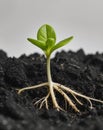 Green Seedling Growing in Dark Soil with Roots Visible. Royalty Free Stock Photo
