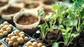 Green seedlings in peat pots. Selective focus. nature.