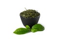 Green sencha tea in black cast iron cup Royalty Free Stock Photo