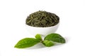 Green sencha tea in white cup with tealeaves Royalty Free Stock Photo