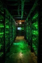 Green server rack cable data center dark basement technology glowing light mining hardware computer network green server rack Royalty Free Stock Photo