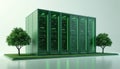 Green server racks with glowing lights placed on artificial grass between two trees. Modern data center illustrates eco friendly Royalty Free Stock Photo