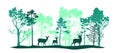 Green set of trees of different shapes and sizes, deer, doe, fawn. Brush. Silhouettes of forest and animals. Royalty Free Stock Photo