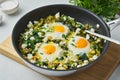 Green shakshouka. Fried in pan. Eggs, parsley, celery, spinach, sheep cheese, pepper