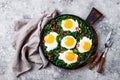 Green shakshuka with spinach, kale and peas. Healthy delicious breakfast. Top view, overhead, flat lay. Royalty Free Stock Photo