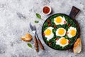 Green shakshuka with spinach, kale and peas. Healthy delicious breakfast. Top view, overhead, flat lay. Royalty Free Stock Photo