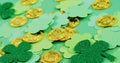 Green shamrocks and leprechauns gold on green background for st patricks