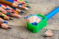 Green sharpener on wooden background Royalty Free Stock Photo