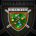 Green shield billiard board with balls and crossed cues. Sport logo for any team Royalty Free Stock Photo