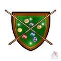 Green shield billiard board with balls and crossed cues on white. Sport logo for any team Royalty Free Stock Photo