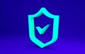 Green Shield with check mark icon isolated on blue background. Security, safety, protection, privacy concept. Tick mark Royalty Free Stock Photo