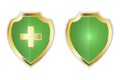 Green shield with cross and blank. Protection symbol. Shield check mark icon vector illustration. Stock image Royalty Free Stock Photo