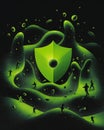 Green shield illustration with tiny people in surreal landscape, community and protection concept Royalty Free Stock Photo