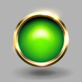 Green shiny circle blank button with gold metallic frame, vector element for web Royalty Free Stock Photo