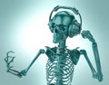 Green shiny plastic skeleton in big earphones posing isolated on light background. rendering party poster template