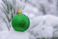 Green shiny trendy Christmas ball on snowy branch firs in winter forest. Winter holiday background. Copy space. Happy Royalty Free Stock Photo