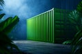 Green Shipping Container in Misty Jungle A striking green shipping container surrounded by lush foliage and mist creating an