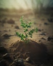 Green shoots pushing through the dust creating a fragile beauty in the most barren of places. Abandoned landscape. AI