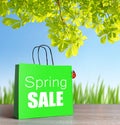 Green shopping bag with spring sale word. Royalty Free Stock Photo