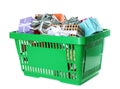 Green shopping basket with  gifts on white background Royalty Free Stock Photo