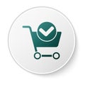 Green Shopping cart with check mark icon isolated on white background. Supermarket basket with approved, confirm, tick