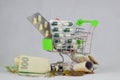 Green shopping cart with medicaments and czech money on an isolated white background. Royalty Free Stock Photo