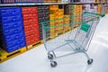 Green shopping cart in supermarket