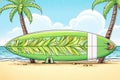 green shortboard lying against a tropical palm tree Royalty Free Stock Photo