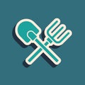 Green Shovel and rake icon isolated on green background. Tool for horticulture, agriculture, gardening, farming. Ground