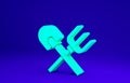 Green Shovel and rake icon isolated on blue background. Tool for horticulture, agriculture, gardening, farming. Ground