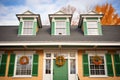 green shutters on dormer windows atop a colonial revival home