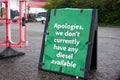 Green sign apologizing in England for unavailability of diesel fuel. Petrol crysis in United Kingdom as fuel shortage hits the