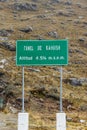 Green sign indicating the Tunel de Kahuish, altitude 4.516 masl.