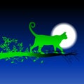 Green silhouette cat walking on the branch Royalty Free Stock Photo