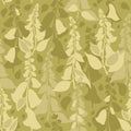 Green Silhouettes of foxglove flowers repeated pattern. Pastel seamless background.