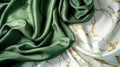 Green silk fabric decorated with white silk fabric looks like white and gold marble stone color accents. Royalty Free Stock Photo