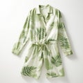 Green Silk Print Romper With Leaf Patterns - Dreamy Pastels