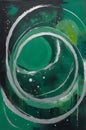 Green and silver abstract painting forming dynamic spiral composition