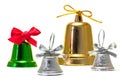 Green silver and gold bells with red silver and gold bow Royalty Free Stock Photo