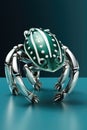 A green and silver robot crab with a metal shell. Generative AI image. Royalty Free Stock Photo