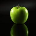 Green single realistic shiny apple with reflection on black background. AI generative illustration Royalty Free Stock Photo