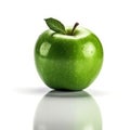 Green single realistic shiny apple with reflection on white background. AI generative illustration