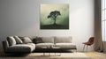 Minimal Environmental Art: Empty Wooden Living Room With Lone Tree Painting