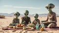 A green skinned alien family enjoying a picnic in the desert landscape. Ideal for extraterrestrial themes, science fiction, family