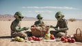 A green skinned alien family enjoying a picnic in the desert landscape. Ideal for extraterrestrial themes, science fiction, family Royalty Free Stock Photo