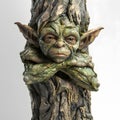 Green-skinned creature with large ears and a serious expression is partially embedded in a tree trunk.