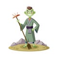 Green-skinned Yokai Character with Broom and Rake Illustration on Isolated Background